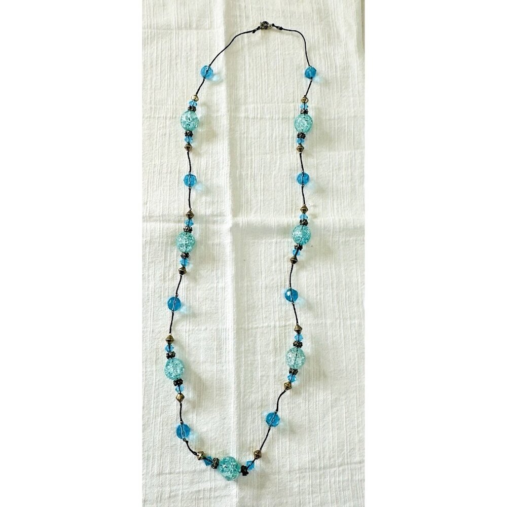 Vintage Blue Crackle Glass Necklace Silver-tone Beads Brown Cord Estate 28”